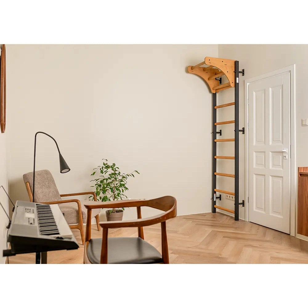 BenchK 711B Black wallbar with wooden pull up bar