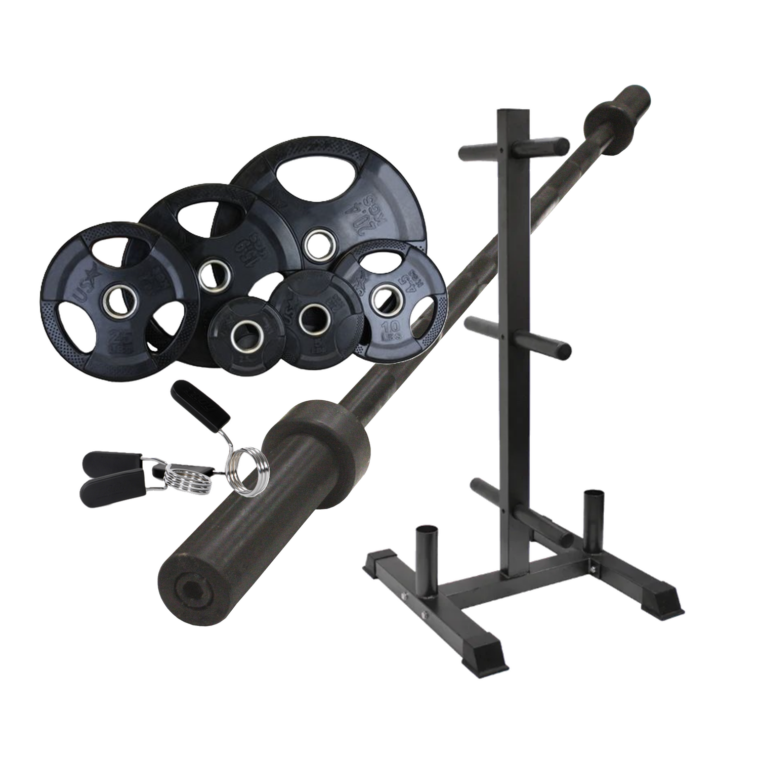 Rubber Grip Workout Plates  (90-300 lbs Weight Sets w/ 1 Rack)