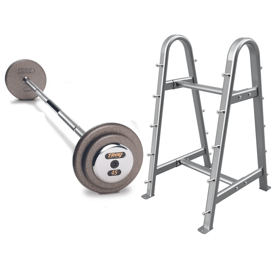 Pro-Style Hammertone Gray Straight Barbell w/ Chrome End Caps (20-115 lbs Sets w/ Rack)