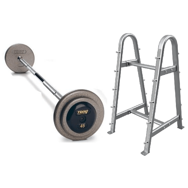 Pro-Style Hammertone Gray Straight Barbell w/ Rubber End Caps (20-115 lbs Sets w/ Rack)