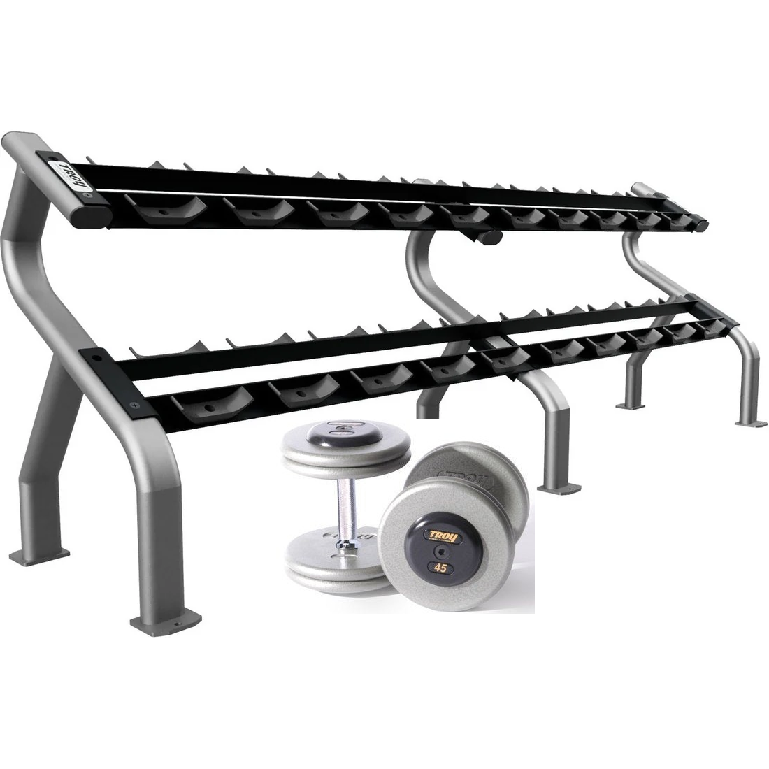 Pro-Style Iron Dumbbell w/ 27mm Straight Handle & Rubber End Caps (05-150 lbs Sets w/ Racks)