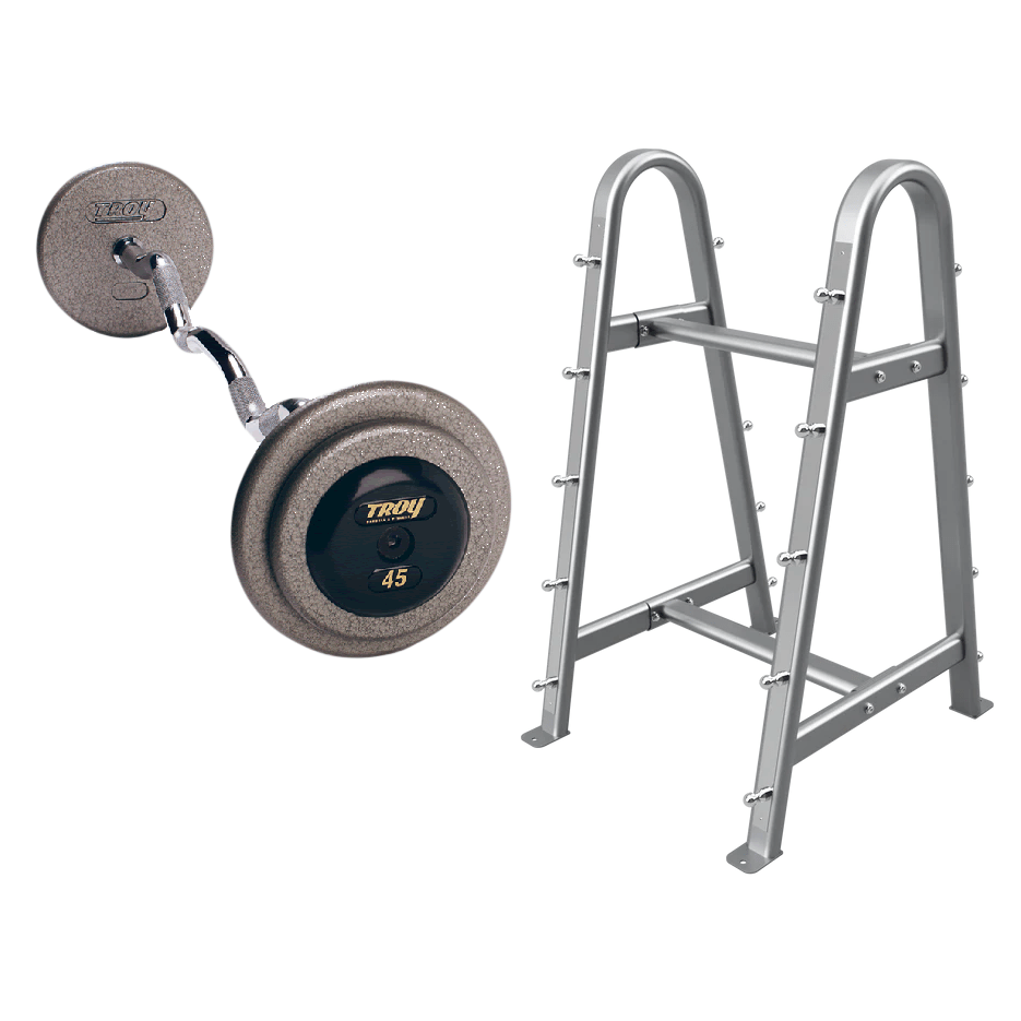 Pro-Style Hammertone Gray Curl Barbell w/ Rubber End Caps (20-115 lbs Sets w/ Rack)