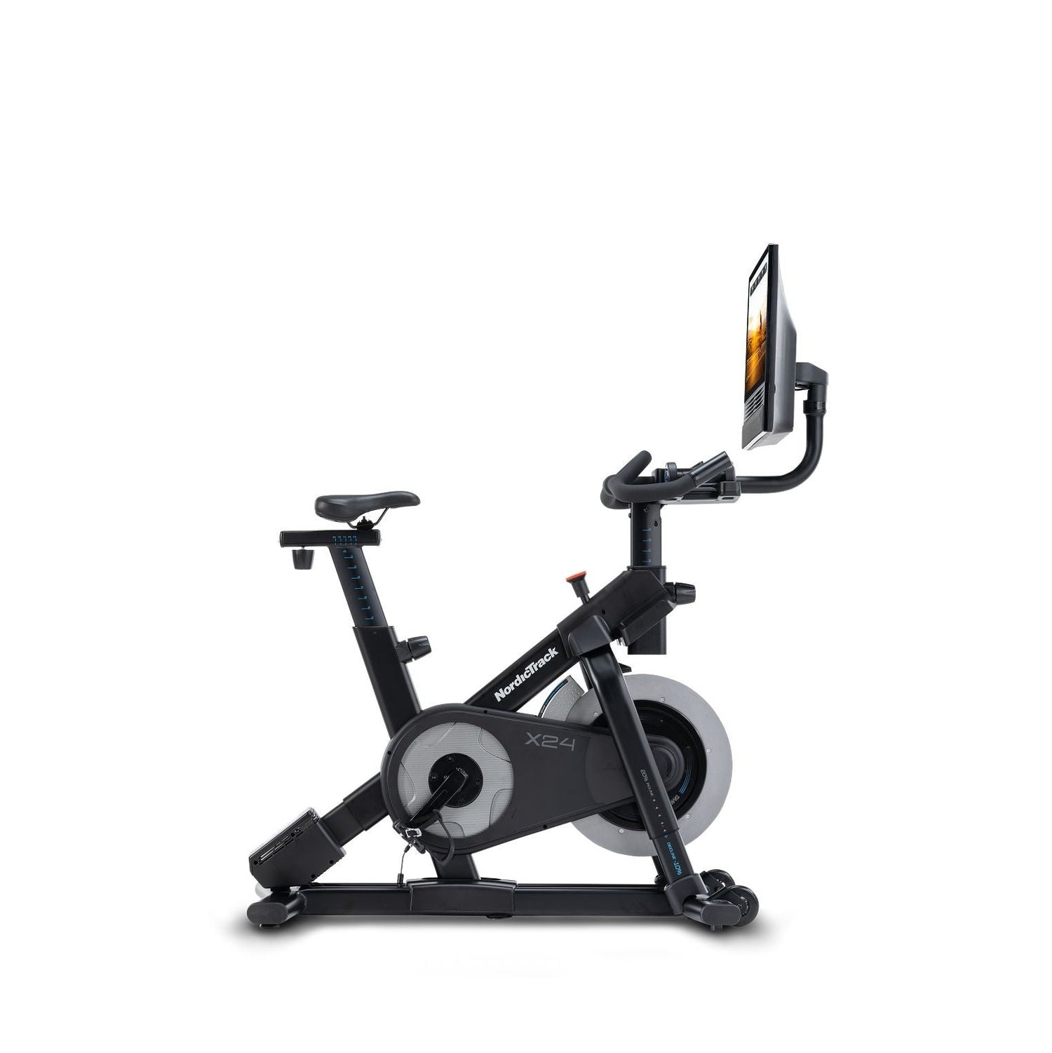 X24 Studio Bike with 20% to -10% gradient and Pivoting 24" Touchscreen.