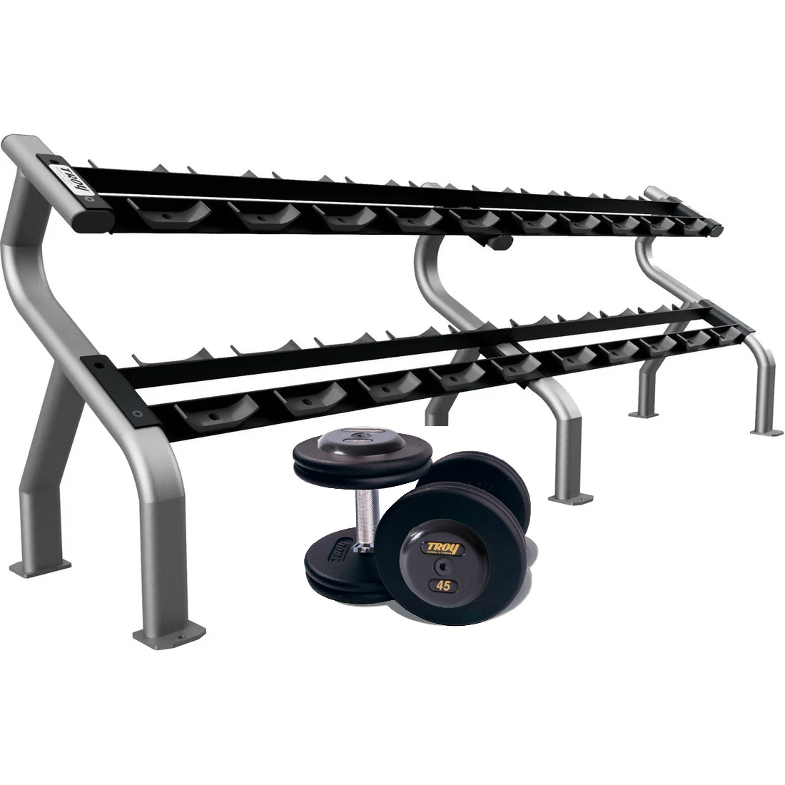 Pro-Style Black Iron Dumbbell w/ 27mm Straight Handle & Rubber End Caps (05-150 lbs Sets w/ Racks)