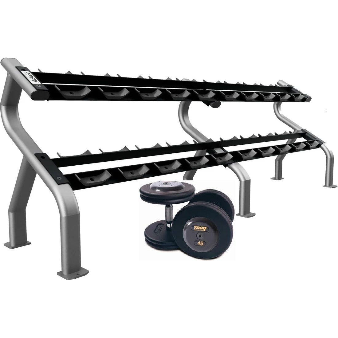 Pro-Style Black Iron Dumbbell w/ 32mm Contoured Handle & Rubber End Caps (05-150 lbs Sets w/ Racks)