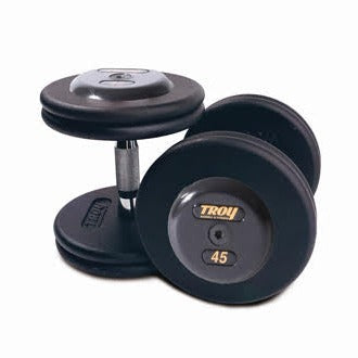 Pro-Style Black Iron Dumbbell w/ 32mm Contoured Handle & Rubber End Caps (05-150 lbs Sets w/ Racks)