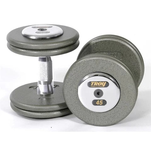 Pro-Style Iron Dumbbell w/ 32mm Contoured Handle & Chrome End Caps (05-150 lbs Sets w/ Racks)