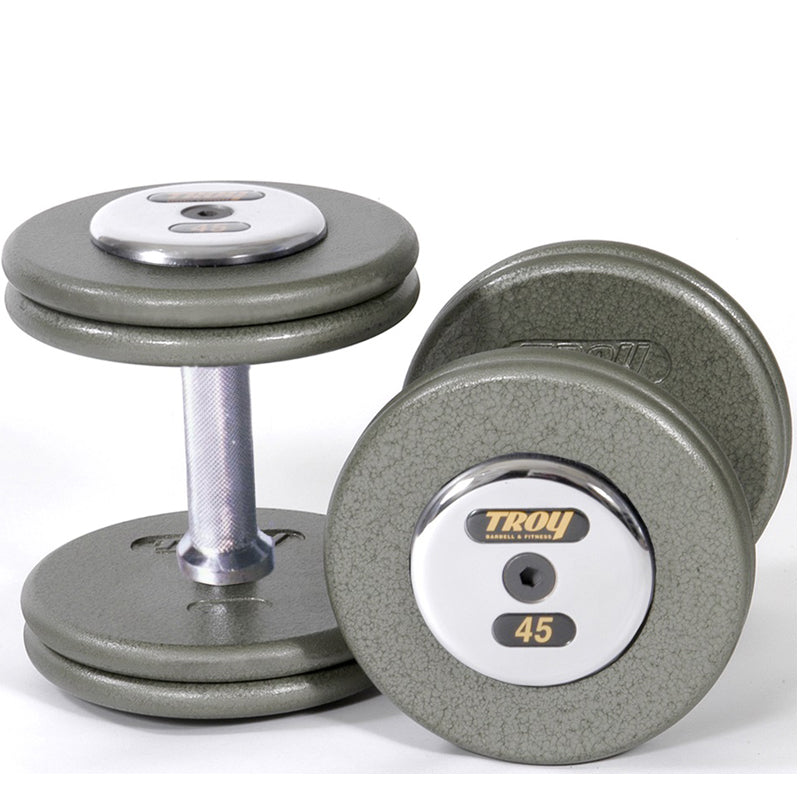 Pro-Style Iron Dumbbell w/ 27mm Straight Handle & Chrome End Caps (05-150 lbs Sets)