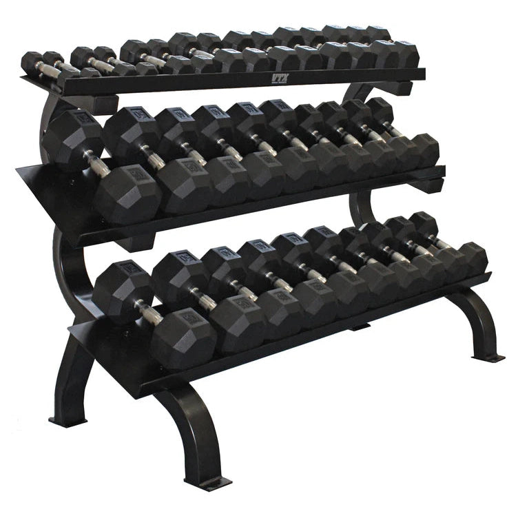 6 Sided Hex Rubber Dumbbell (05-75 lbs Set w/ 1 Rack)