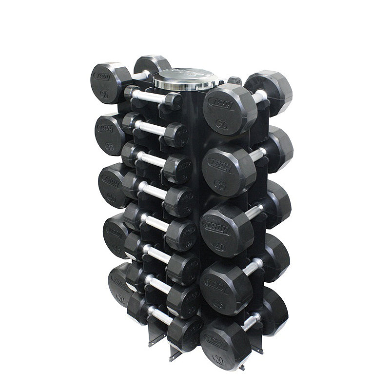 12 Sided Rubber Dumbbell (03-50 lbs Set w/ 1 Rack)