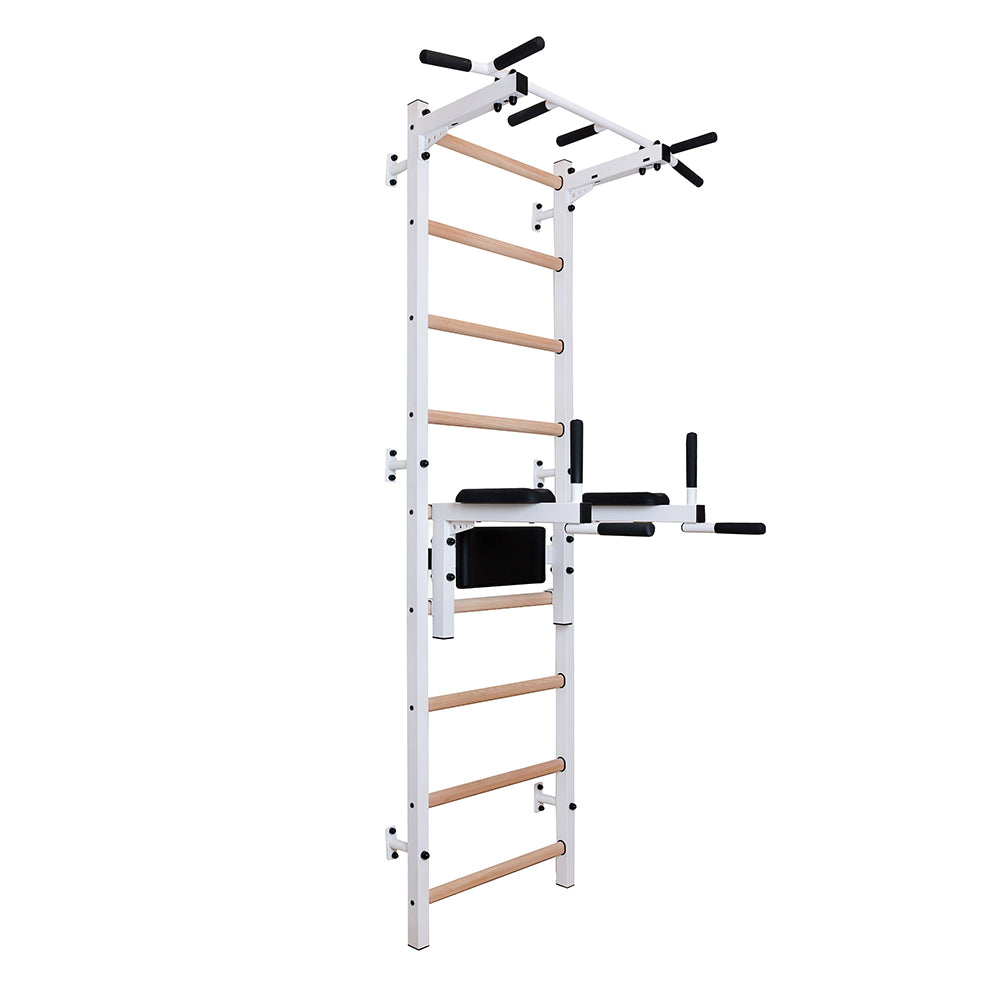 BenchK 722W White stall bar for home with pull-up bar and dip station