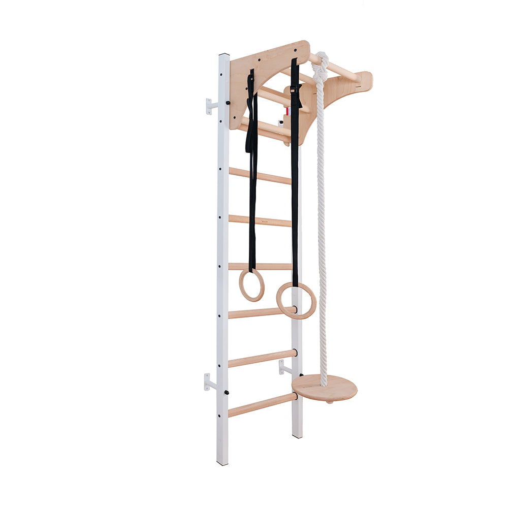 BenchK 211W + A204 White Swedish ladder for kids with gymnastic accessories