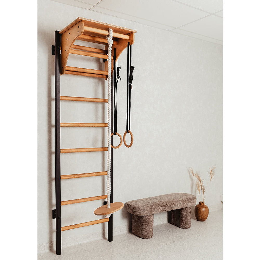 BenchK 212B + A076 Black Swedish ladder for kids with gymnastic accessories and a desk